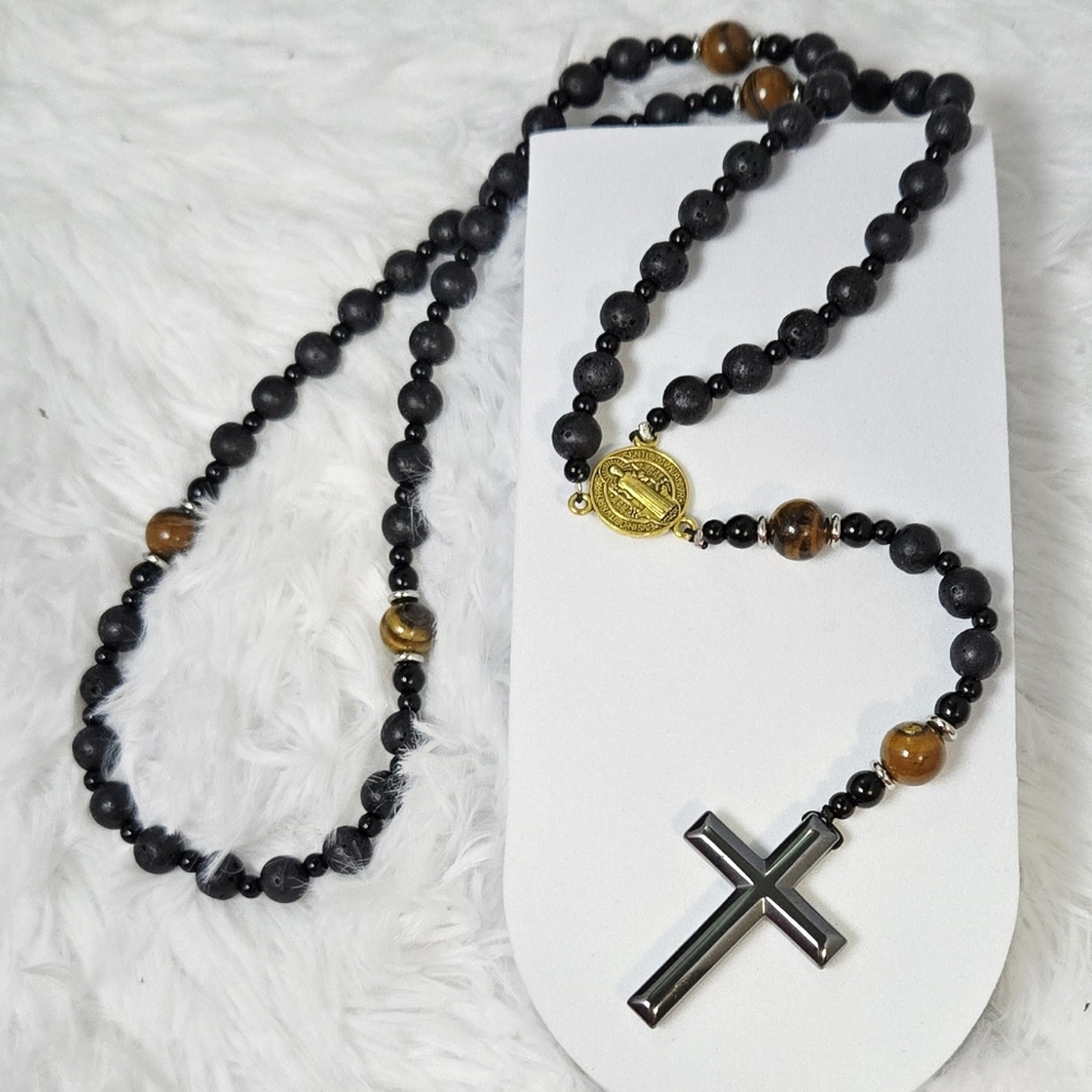 Tiger Eye Lava Stone Rosary Necklace St Benedict Medal Hematite Cross Masculine